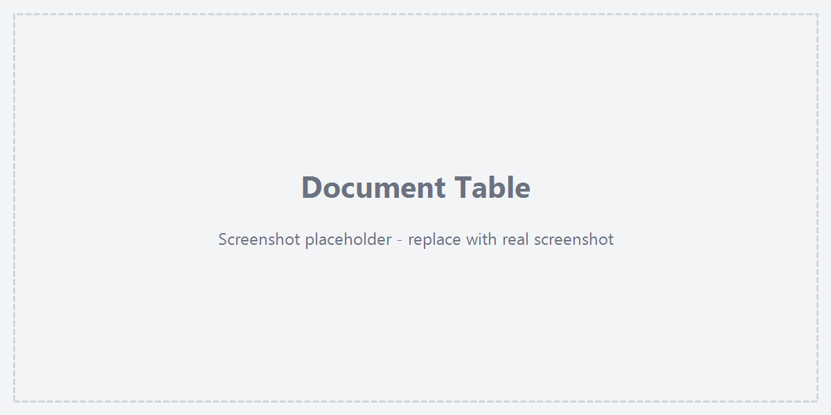 The document table with filters and columns