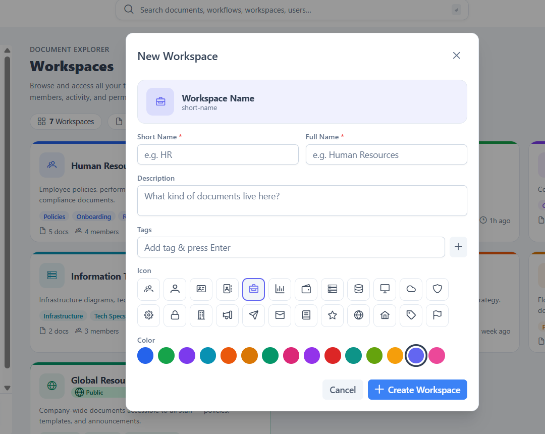 The New Workspace dialog