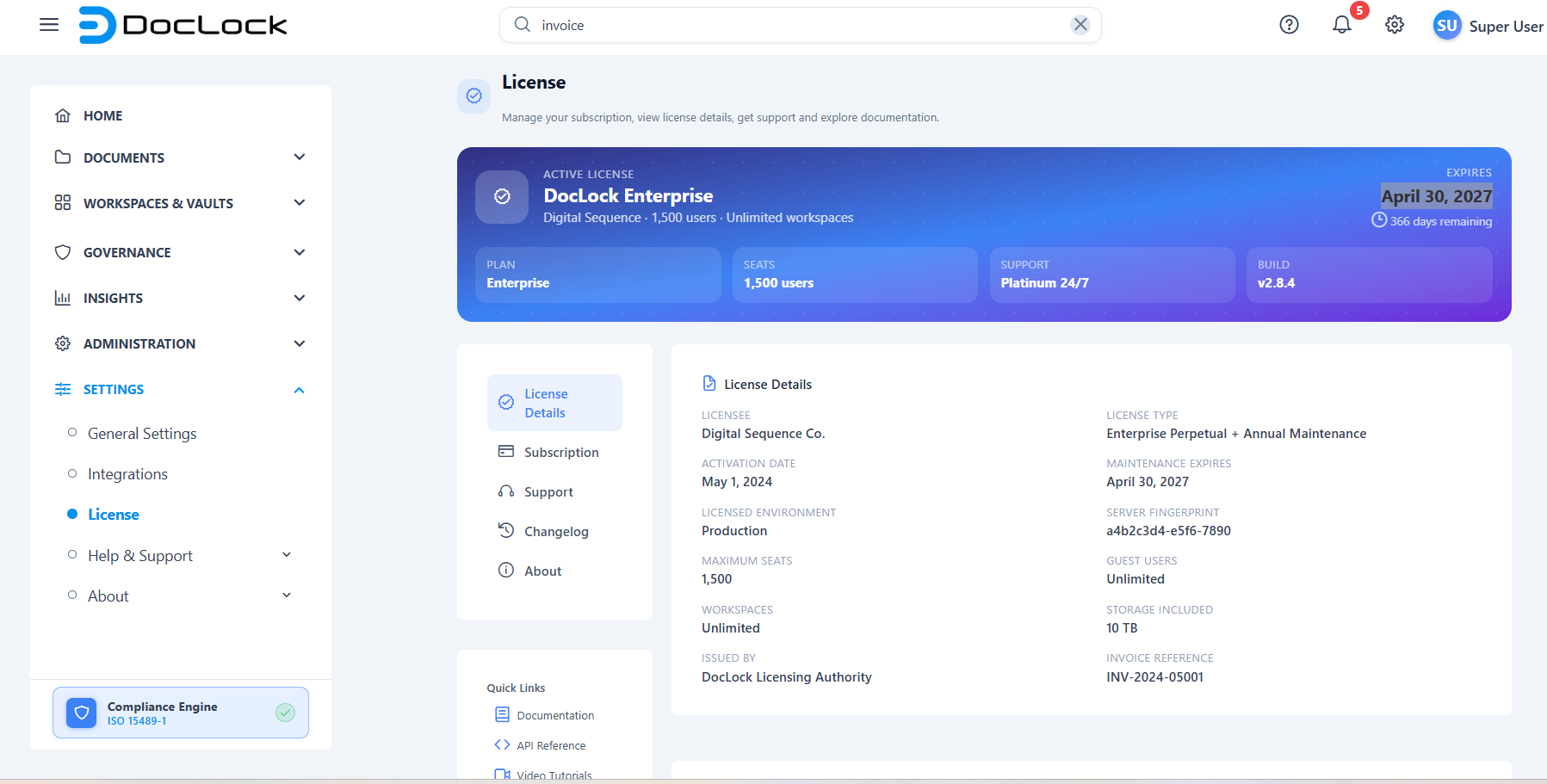 The in-app License screen